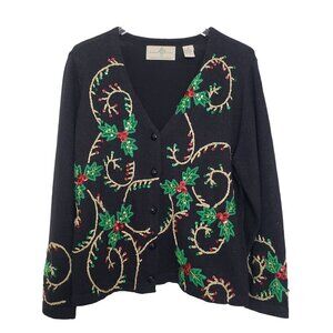 Design Options Holly Berry Cardigan Beaded Sequin Holiday Sweater Womens Sz XL